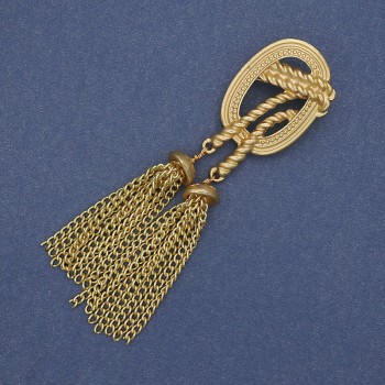 Brooch Accent with Tassels, matte gold color, gold-tone metal, 23x89 mm+