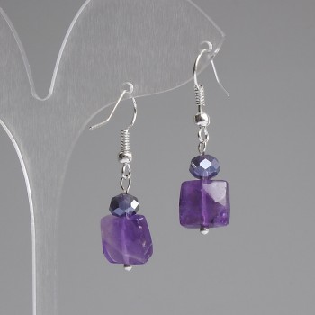 Amethyst Faceted Square Earrings 10x10mm+- Czech Glass Rondelle 6x5mm+-, length 37mm +