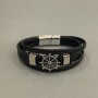 Men's bracelet with black eco-leather and metal inserts, 12 mm thick, 22 cm long, silver-tone metal on the clasp