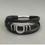 Men's eco-leather bracelet in black with metal inserts, about 12 mm thick, 22 cm long, silver-colored metal on the clasp