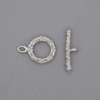 Toggle clasp hardware, 21x3 mm, 5 mm +/- circle, 13 mm diameter +/-, hole diameter 8 mm +/-, silver-tone metal