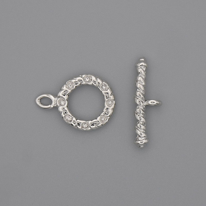 Toggle clasp hardware, 21x3 mm, 5 mm +/- circle, 13 mm diameter +/-, hole diameter 8 mm +/-, silver-tone metal