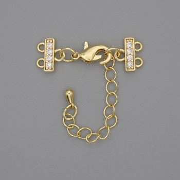 Clasp for two-strand bracelets and beads with rhinestones and extender chain, gold-colored metal, diameter 7x12 mm, length 3 cm