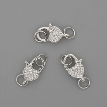 Carabiner clasp fittings 15x10mm +/- white rhinestones silvery metal