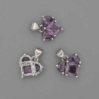 Heart Pendant with Purple Crystals, 12x12 mm, length 17 mm, Silver-Colored Metal