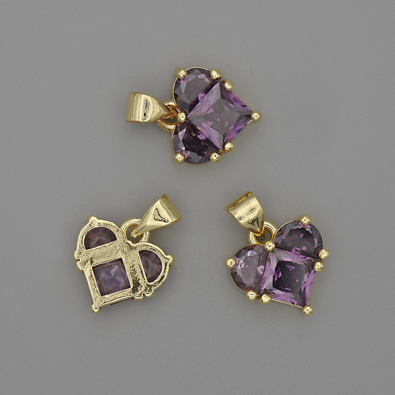 Heart Pendant with Violet Crystals 12×12 mm, length 17 mm, golden metal