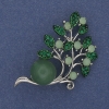 Twig Brooch with Nephrite Bead and Green Crystals, Silver Metal 48x28mm