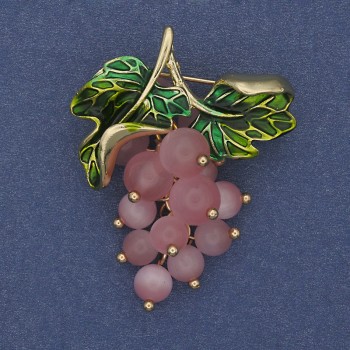 Grapes Brooch-Pendant with Cat's Eye Beads, Green Enamel, Gold-Toned Metal, 36x40 mm