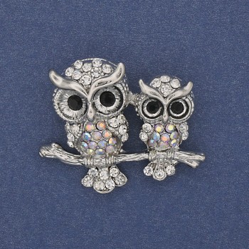 Owl brooch-pendant with crystals, silvery metal 37x29mm+