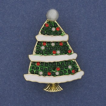 Brooch Pendant New Year's Tree green and white enamel, crystals, pearl, gold-tone metal 40x30 mm +