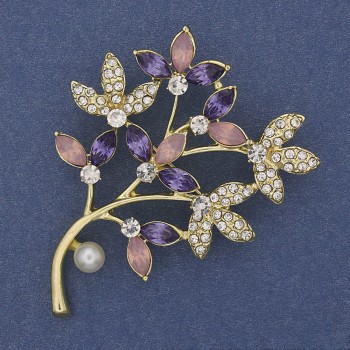 Twig Brooch with multicolored rhinestones, pearl, gold-tone metal 60x42mm +