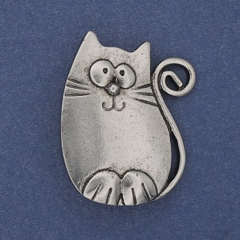 Cat Brooch-Pendant, Silver Metal, 37x29 mm+