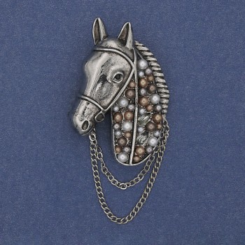 Horse Brooch with Crystals, Pearls, Silver-tone Chain 46x29mm+