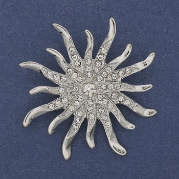 Sun Brooch with White Rhinestones, Silver-Colored Metal 54mm+