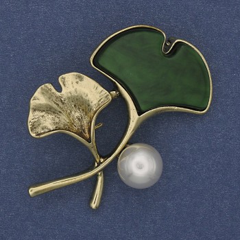Twig Brooch, green color, Pearl, golden metal, 48×38 mm+