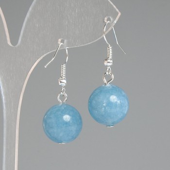 Aquamarine Earrings with Natural Stone, Smooth Ball, 14mm Diameter ±, 32mm Length ±, Silver-Toned Metal