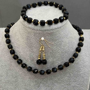 Jewelry set: choker, bracelet, and earrings; tourmaline cube 6.5×6.5 mm + hematite cube 2.5×2.5 mm