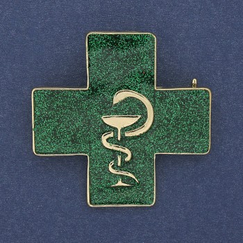 Brooch-pendant Cross with Snake over the Cup, green enamel, golden metal, 38x38mm+
