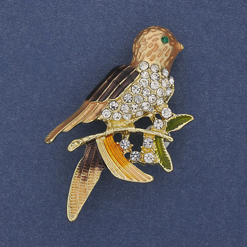 Bird Brooch with Colored Enamel, White Crystals, Golden Metal 32x54mm +