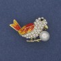 Bird Brooch with colored enamel, white crystals, pearl, gold-tone metal 22x35mm +