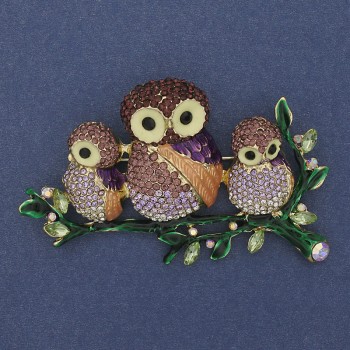 Owl Brooch with Purple and Green Crystals, Color Enamel, Gold-Tone Metal, 43x73 mm+