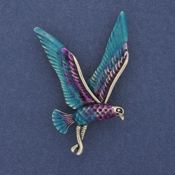 Bird Brooch with blue, violet, and silver enamel on golden metal 38x56 mm +