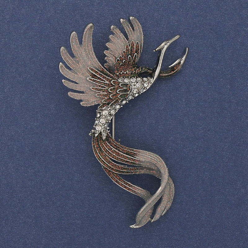 Brooch Bird green and gray enamel with crystals, silver metal, 43x67mm +