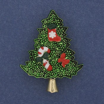 Brooch Pendant Christmas Tree Green Enamel Gold-tone Metal 32×42 mm +