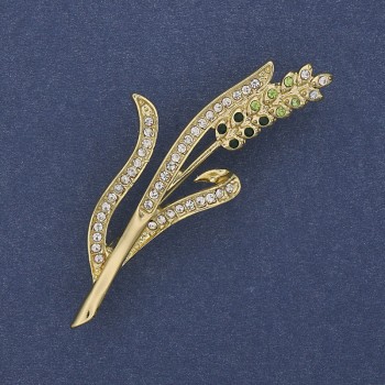 Brooch 'Wheat Ear' with green and white crystals on golden metal 20x53mm+