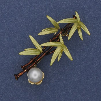 Brooch pendant Bamboo with Pearl enamel, 27x49 mm, ± gold-tone metal
