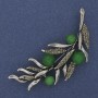 Twig Brooch with Green Cat's Eye and Gray Crystals, 67×26 mm, Silver-Toned Metal