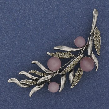 Twig Brooch with Pink Quartz and Gray Rhinestones