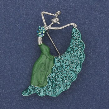 Brooch Dancer with green enamel and crystals, silver metal, 26x46mm+