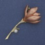 Flower Brooch-Pendant Beige Enamel Pearl Crystals Gold-Tone Metal 29x64mm+