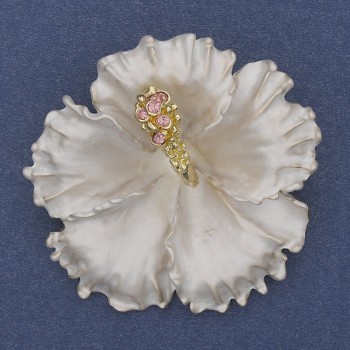 Brooch Pendant Petunia Flower White Matte Enamel with Pink Crystals Gold-Tone Metal 51x51mm+