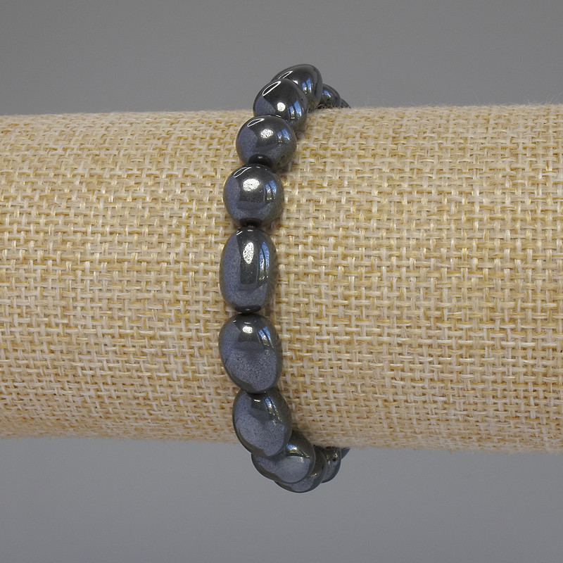 Hematite bracelet, hammered, diameter 8–11×8 mm, length 18 cm stretch
