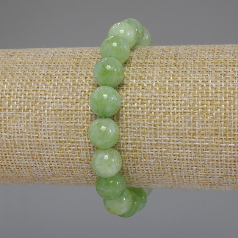 Chrysoprase Olivine Bracelet with Smooth Beads, 10 mm Diameter, 18 cm Length, Elastic