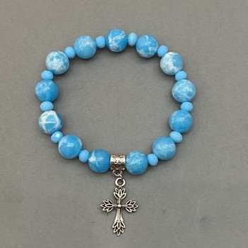 Larimar Bracelet (artificial) beads 10mm + Czech Glass Rondels 6x5mm + with metal inserts, length 18mm + stretch