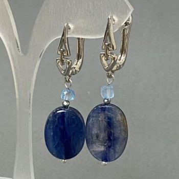 Kyanite Oval Earrings 18x13 mm, Faceted Topaz Cube, 4 mm Diameter, 43 mm Length