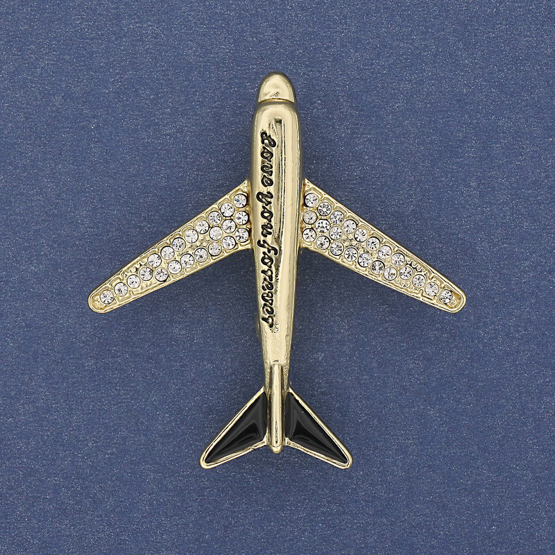Brooch Plane with White Crystals, Golden Metal 43×40 mm+