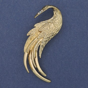 Brooch 'Firebird' with White Crystals on Golden Metal 60×37mm+