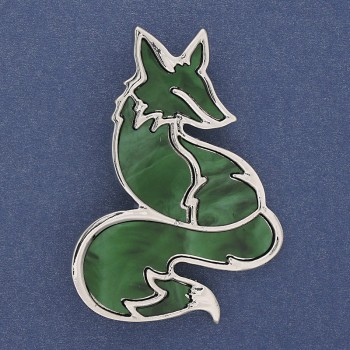 Fox Brooch-Pendant green pearlescent silver-toned metal 56x38mm+