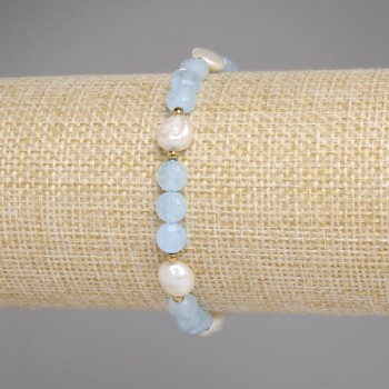 Bracelet Aquamarine Faceted Coin Beads 6mm ± Freshwater Pearls 7–8x7–7.5mm ± Hematite Bead 2mm ±, Length 18cm Stretch