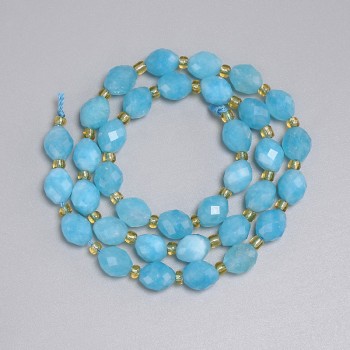 Aquamarine Beads, Faceted Grain Beads 8x6 mm, 5 mm ±, Seed Beads 3 mm ±, Length 36 cm ± on Thread