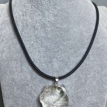 Pendant with Mountain Crystal Raw Stone 30x24-30 mm (±) Assorted Sizes on a Rubber Cord, Length 60 cm + 5 cm Chain