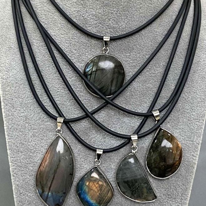 Labradorite Pendant in Bezel Setting, Assorted Dimensions 30x52x10–44x25x8 mm, on Cord, Length 50 cm ± 5 cm
