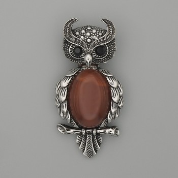 Owl Brooch-Pendant with Carnelian