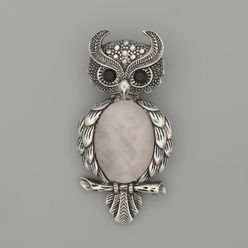 Brooch-Pendant Owl with Rose Quartz 60×29 mm ± black crystals, silver metal