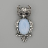 Brooch Pendant 'Owl' Moonstone, 60 x 29 mm +/- Black Crystals, Silver-Toned Metal