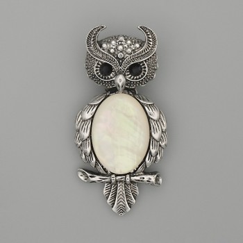 Owl brooch pendant with mother-of-pearl, 60 x 29 mm +/- black crystals, silver-tone metal